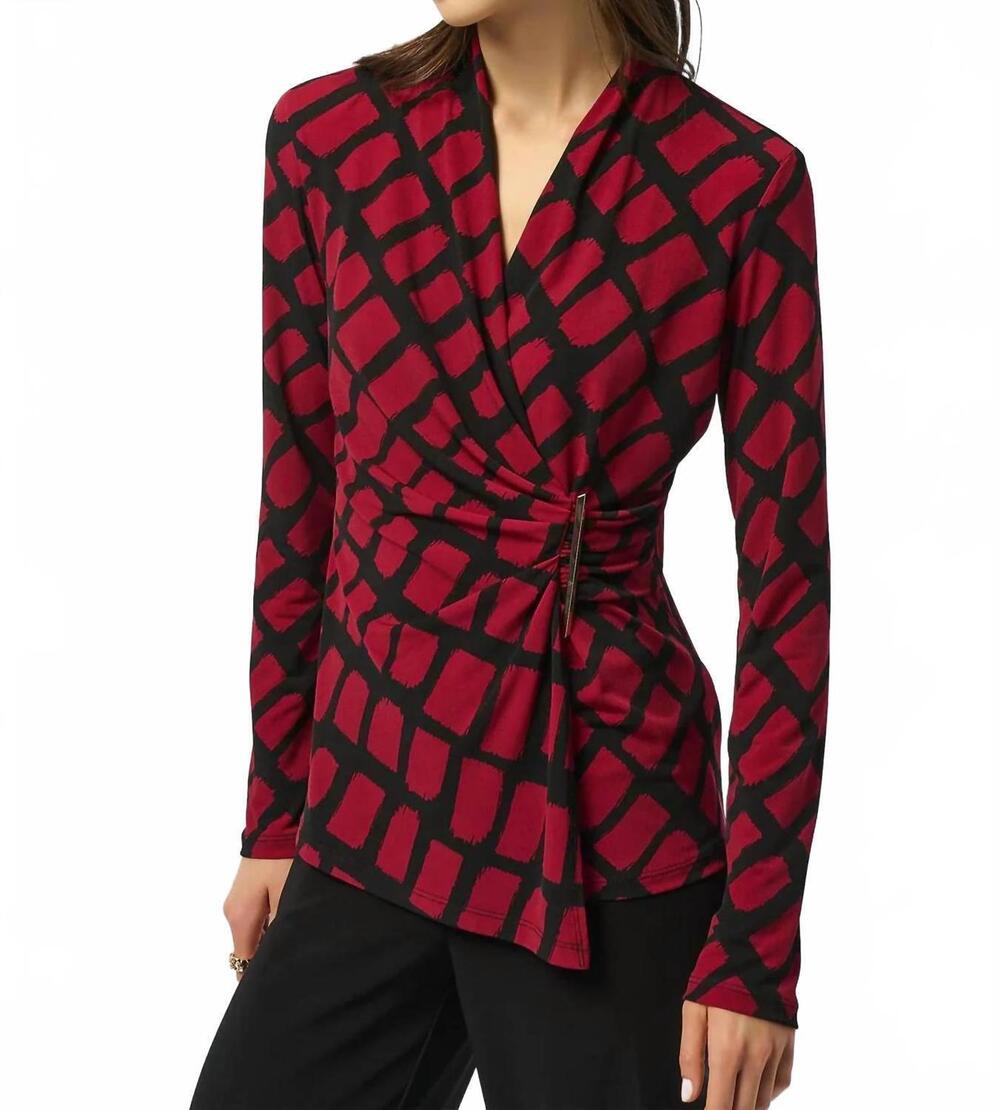 NEW JOSEPH RIBKOFF v-neck faux wrap top in black/red